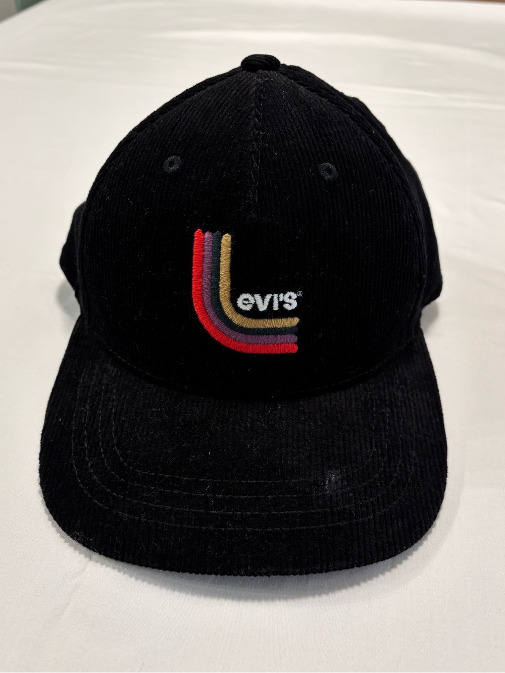 Levi's Black Corduroy Cap with Red, Blue & Gold Stripe Logo